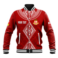 Red baseball jacket with white patterned yoke, striped collar, and 'YOUR TEXT' detail.