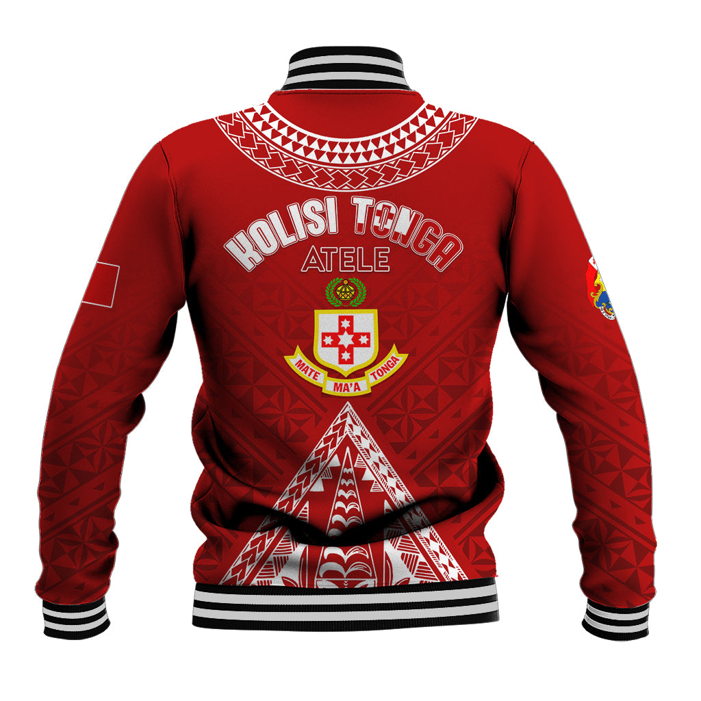 Red baseball jacket back with 'KOLISI TONGA ATEL' text and crest graphic, ribbed cuffs.