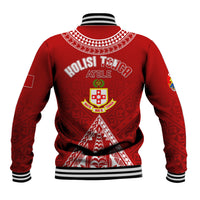 Red baseball jacket back with 'KOLISI TONGA ATEL' text and crest graphic, ribbed cuffs.