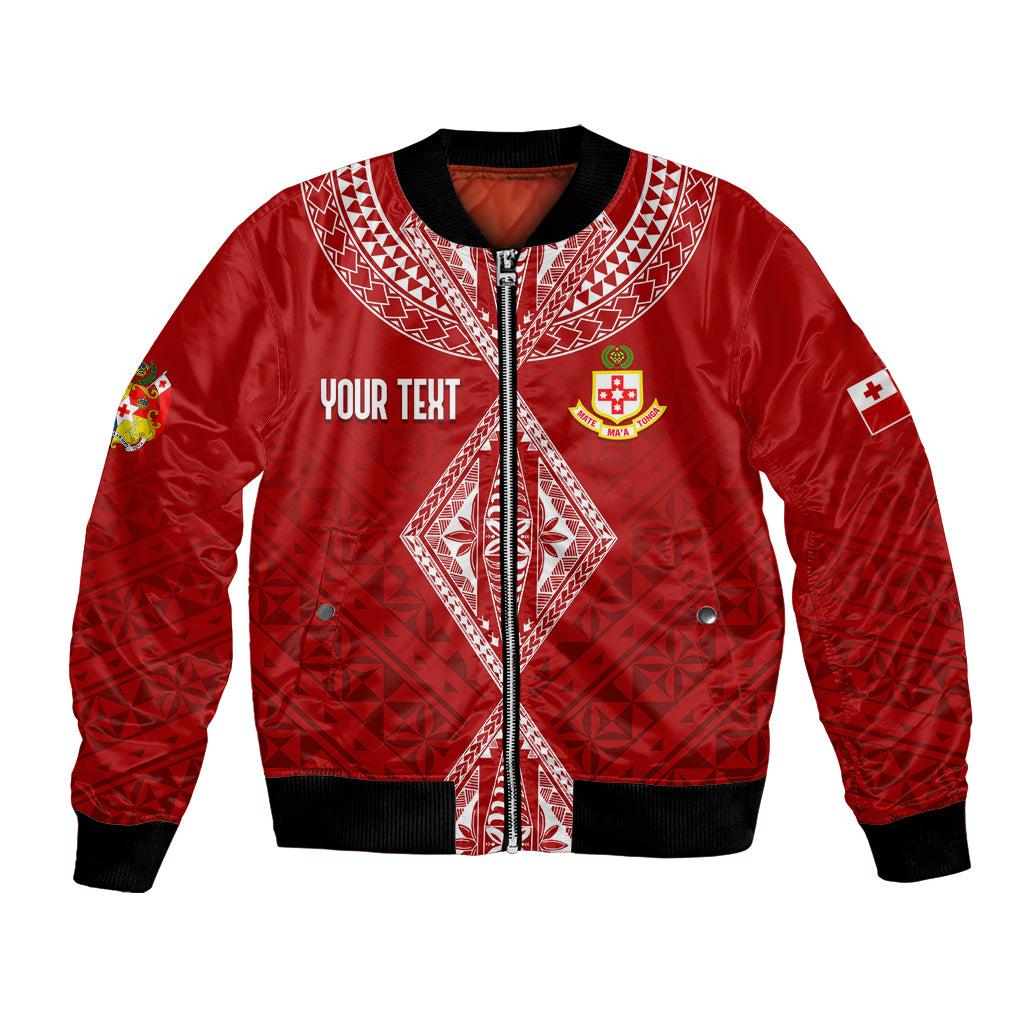 Red bomber jacket with black ribbed trim, front zip, white patterned yoke and crest, patch sleeves