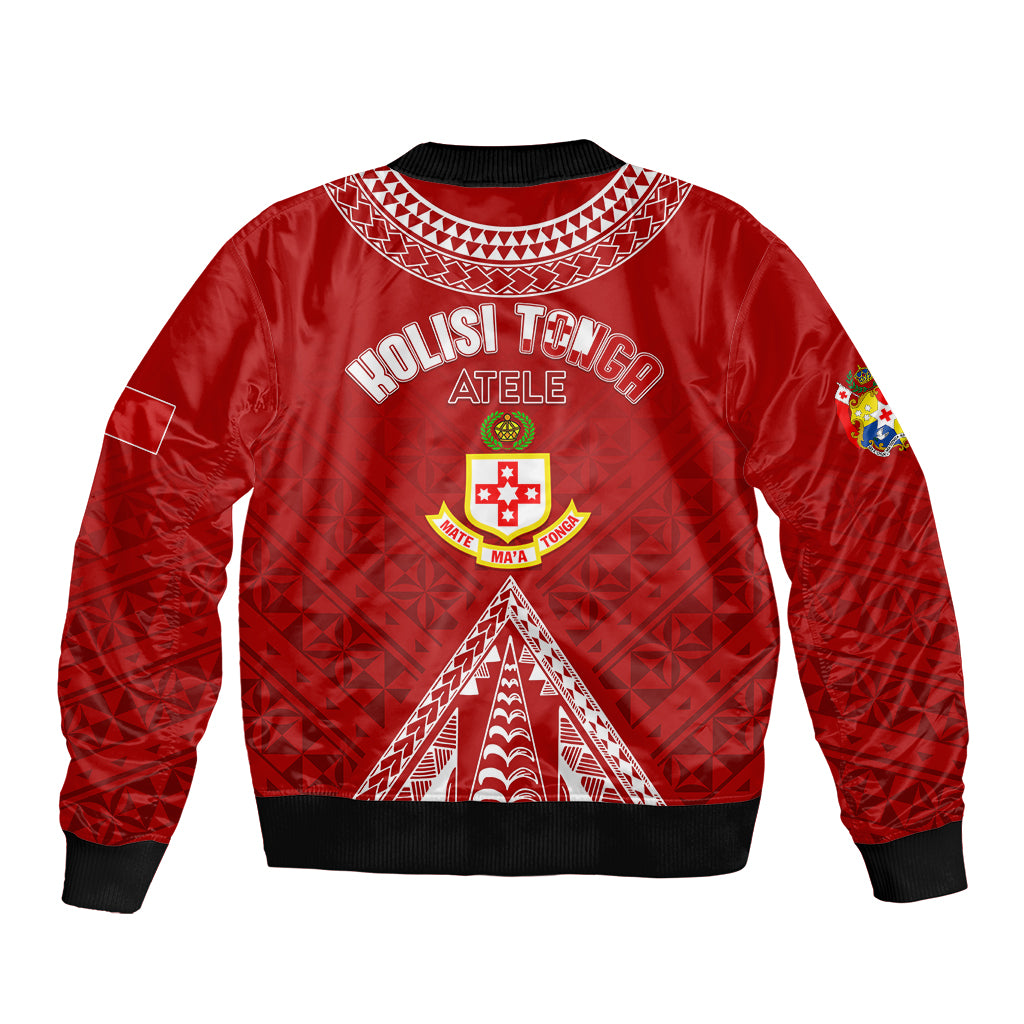 Red bomber jacket with Tongan Kupesi pattern, black ribbed collar and cuffs