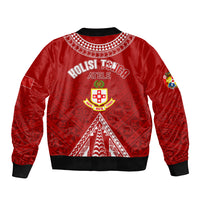 Red bomber jacket with Tongan Kupesi pattern, black ribbed collar and cuffs