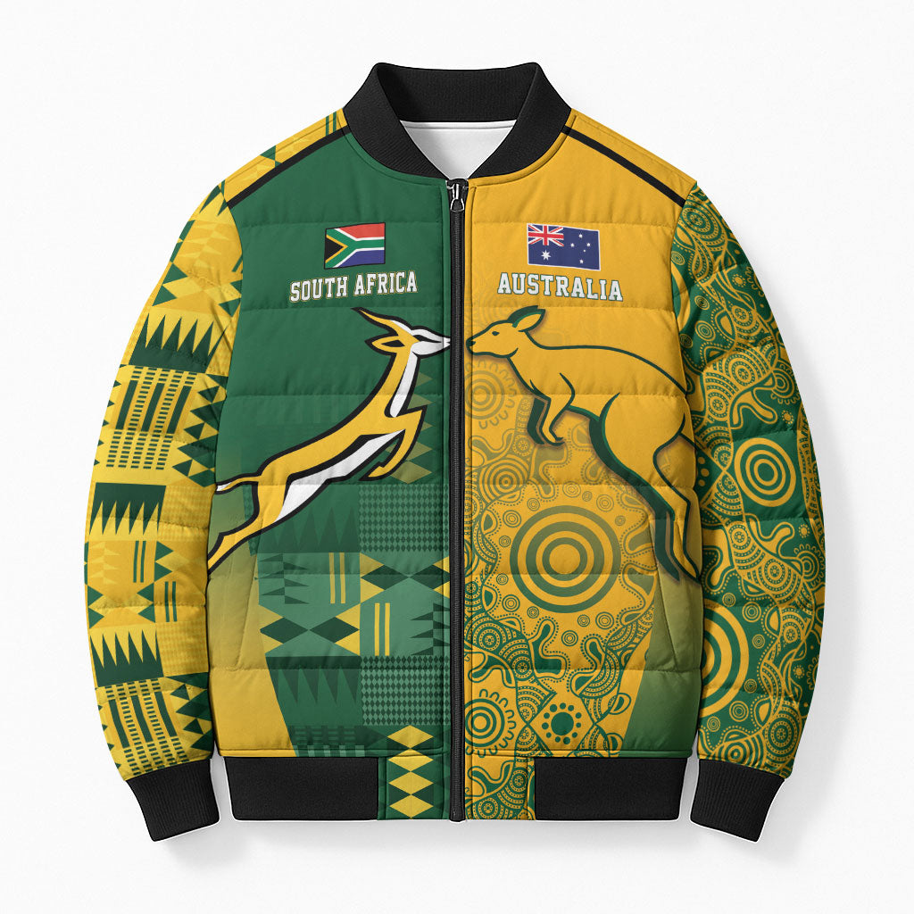 South Africa - Australia Rugby Custom Indigenous Motifs Bomber Puffer Jacket Bokke Vs Wallabies