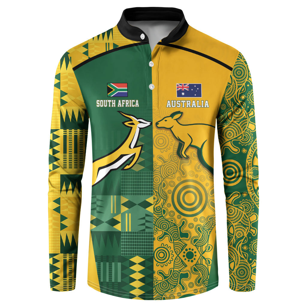 South Africa - Australia Rugby Custom Indigenous Motifs Button Sweatshirt Bokke Vs Wallabies