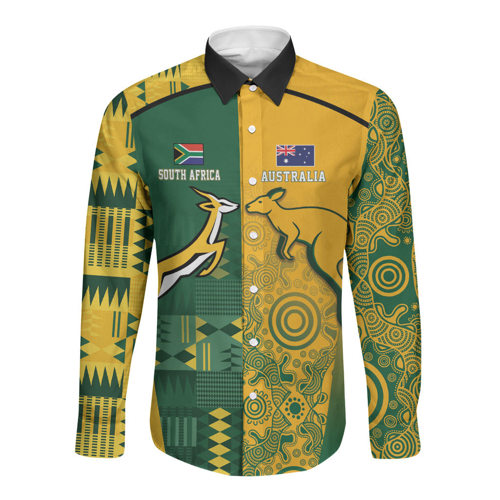 South Africa - Australia Rugby Custom Indigenous Motifs Long Sleeve Button Shirt Bokke Vs Wallabies
