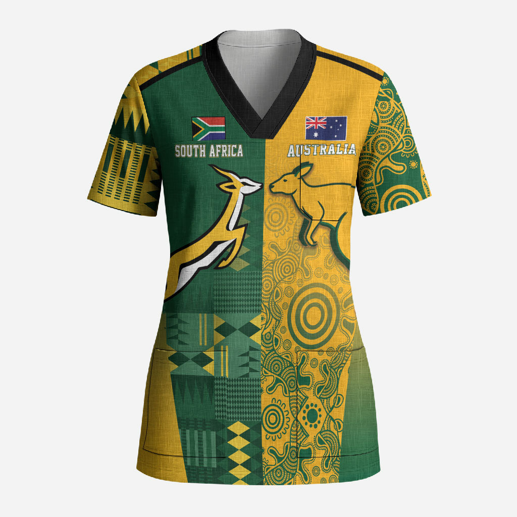South Africa - Australia Rugby Custom Indigenous Motifs Scrub Top Bokke Vs Wallabies