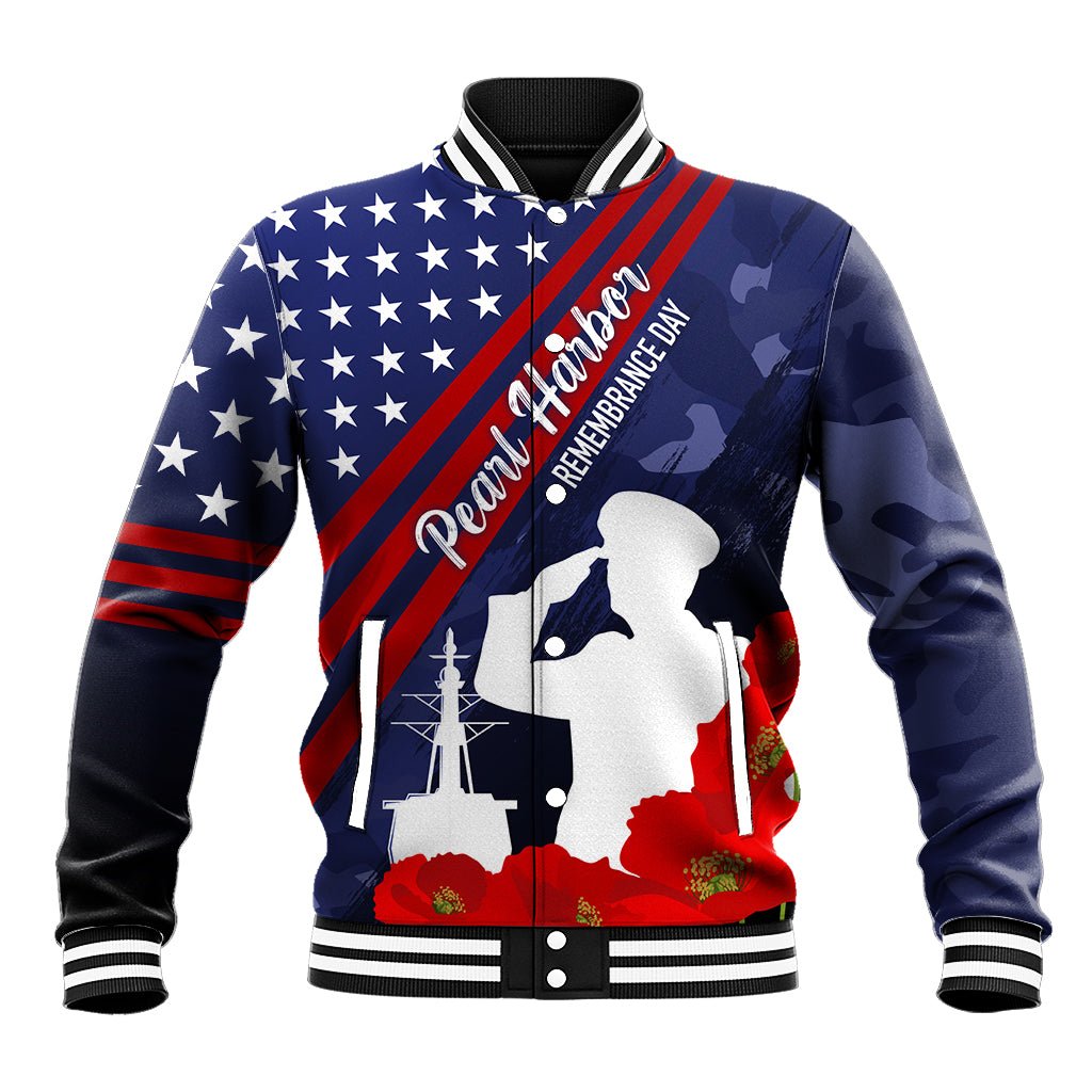 Navy baseball jacket with stars, red diagonal stripe, soldier and poppy floral graphics