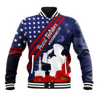 Navy baseball jacket with stars, red diagonal stripe, soldier and poppy floral graphics