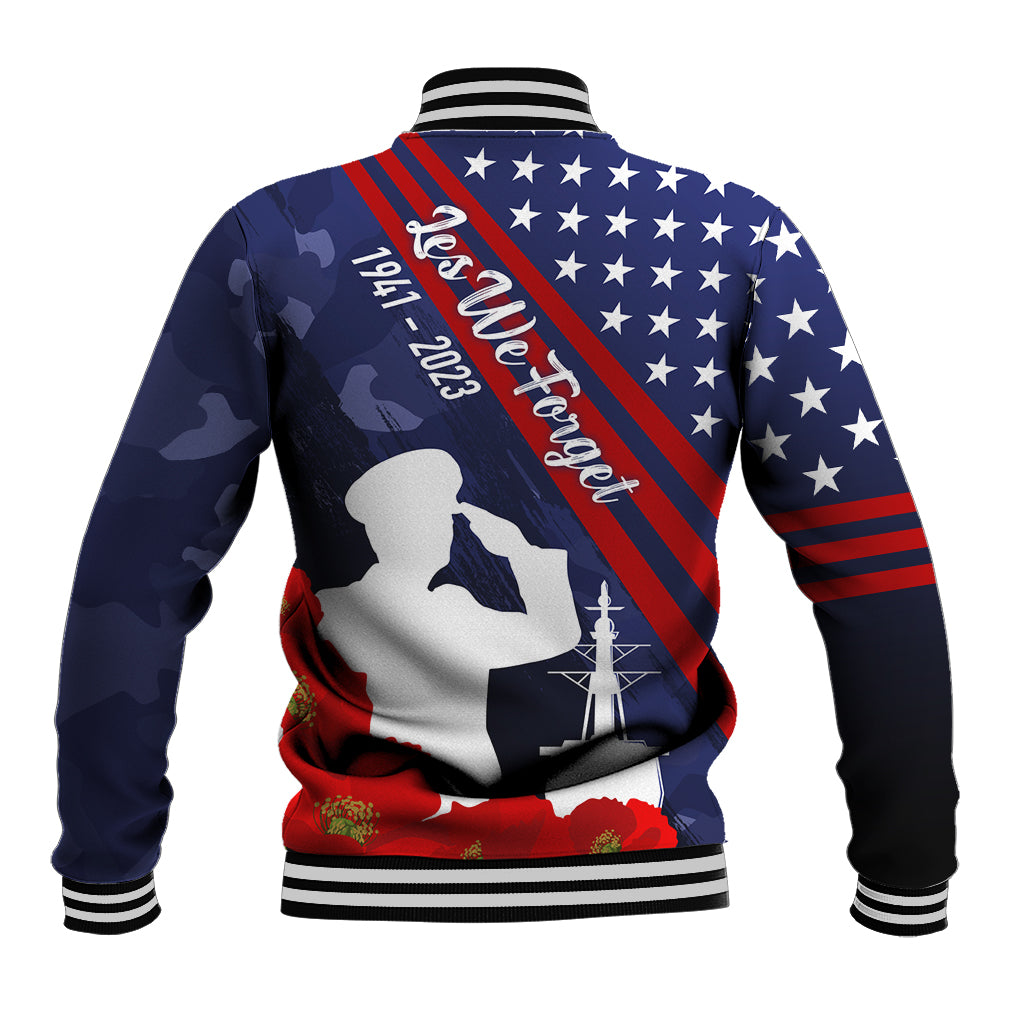 Navy baseball jacket with stars-and-stripes back, soldier silhouette and red poppies