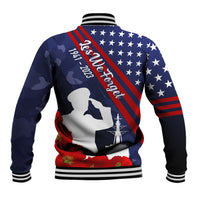 Navy baseball jacket with stars-and-stripes back, soldier silhouette and red poppies