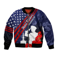 Navy bomber jacket with American flag panel, poppy graphic, and zip-front design