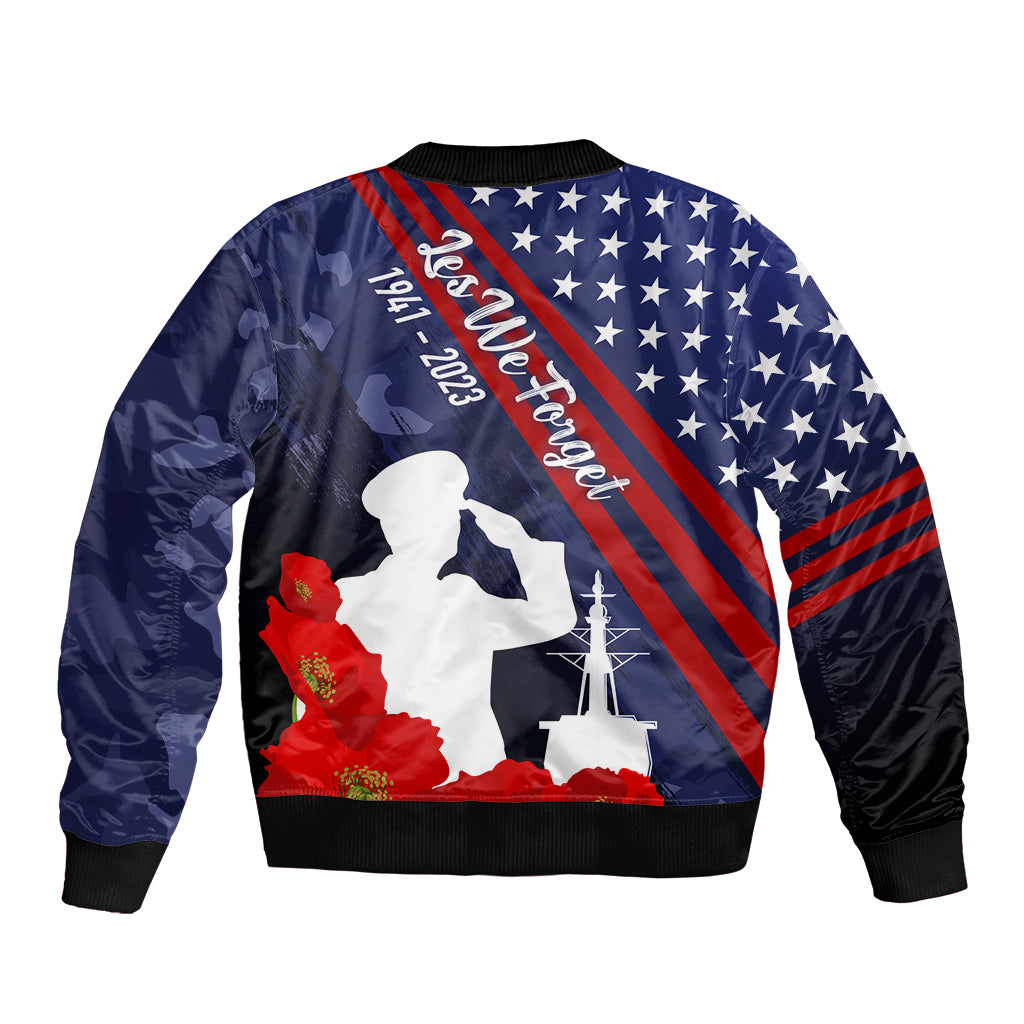 Navy bomber jacket with silhouette figure, poppies, American flag diagonal stripe