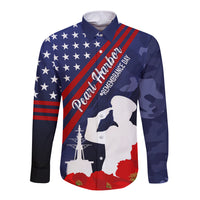 Navy blue long-sleeve button shirt with stars, red diagonal sash, silhouette and flags