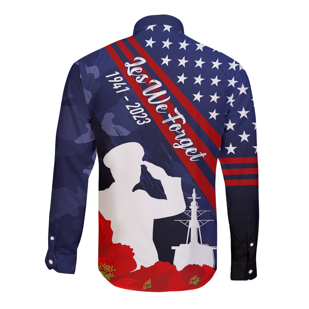 Navy blue long-sleeve button shirt, back print with stars, red sash, Pearl Harbor silhouette