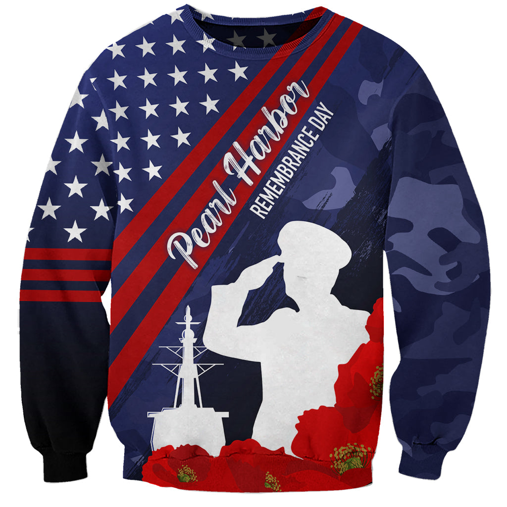 Navy remembrance day sweatshirt with diagonal U.S. flag, poppies, and firefighter silhouette