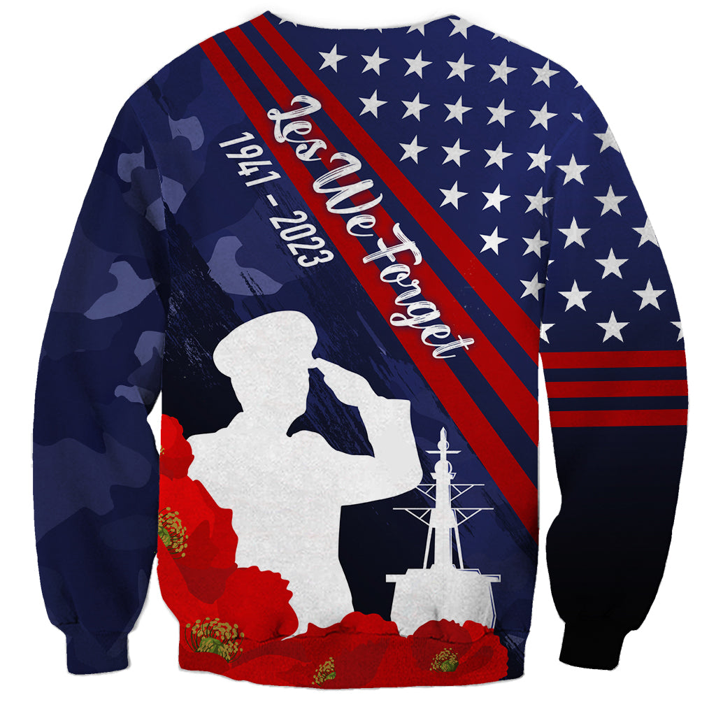 Navy sweatshirt with camo stars, diagonal flag stripe, Pearl Harbor text, and poppies