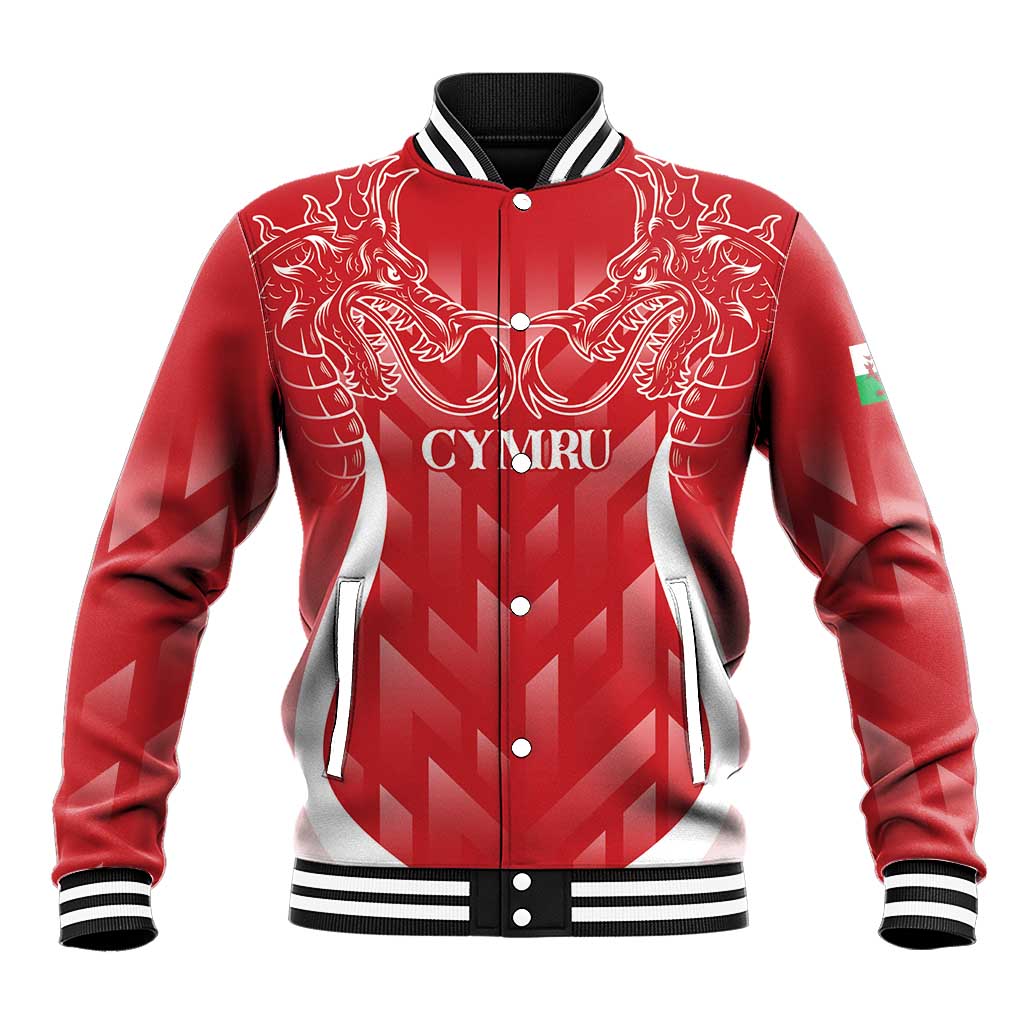 Red personalised baseball jacket with dragon crest and white striped ribbed collar