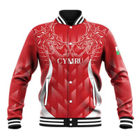 Red personalised baseball jacket with dragon crest and white striped ribbed collar