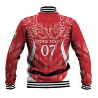 Red personalised baseball jacket back with dragon crest, YOUR TEXT and 07