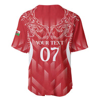 Red personalised Wales rugby baseball jersey back with dragon crest, YOUR TEXT, and number 07