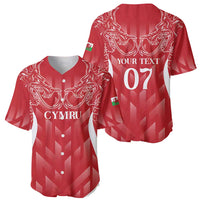 Red personalised rugby baseball jersey showing front CYMRU and back 07 with dragon crest