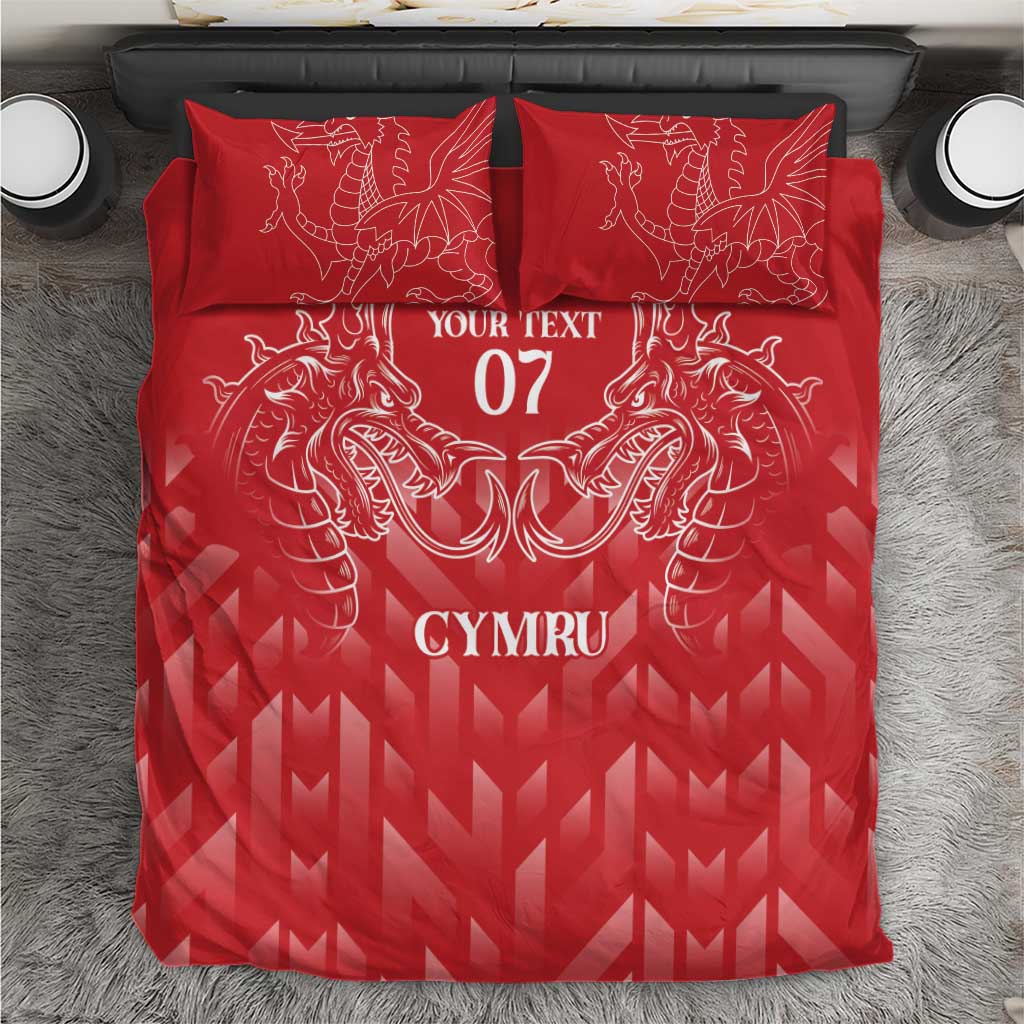 Red bedding set with white dragon crest, “YOUR TEXT 07” and “CYMRU” front panel
