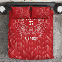 Red bedding set with white dragon crest, “YOUR TEXT 07” and “CYMRU” front panel