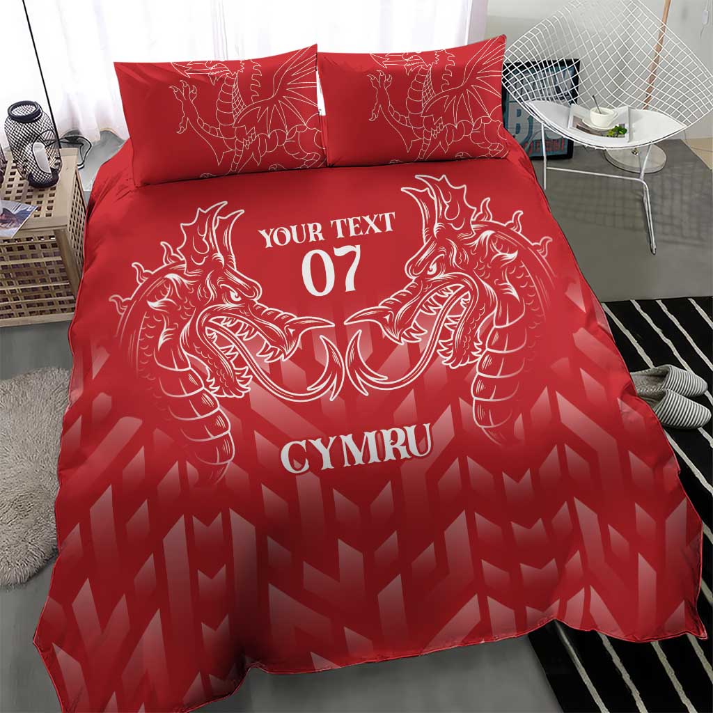 Red bedding set featuring white dragon crest, “YOUR TEXT 07” and “CYMRU”