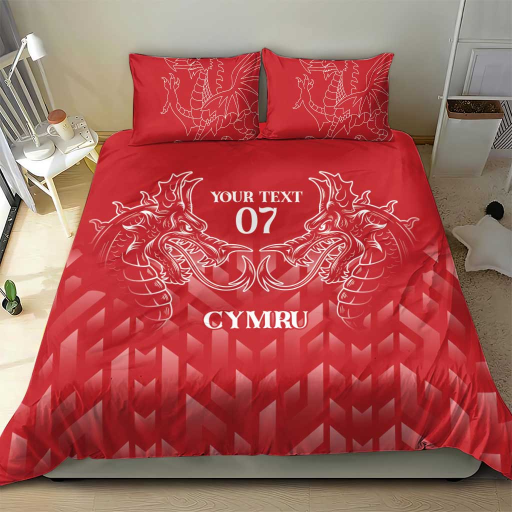 Red duvet and pillow set with white dragon crest, “YOUR TEXT 07” and “CYMRU”