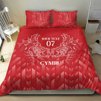 Red duvet and pillow set with white dragon crest, “YOUR TEXT 07” and “CYMRU”