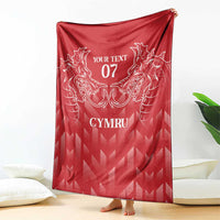 Red personalized rugby blanket featuring dragon crest, 'YOUR TEXT 07' and 'CYMRU'
