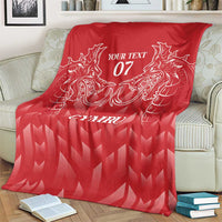 Red personalized rugby blanket with heraldic dragon print, 'YOUR TEXT 07' and 'CYMRU'