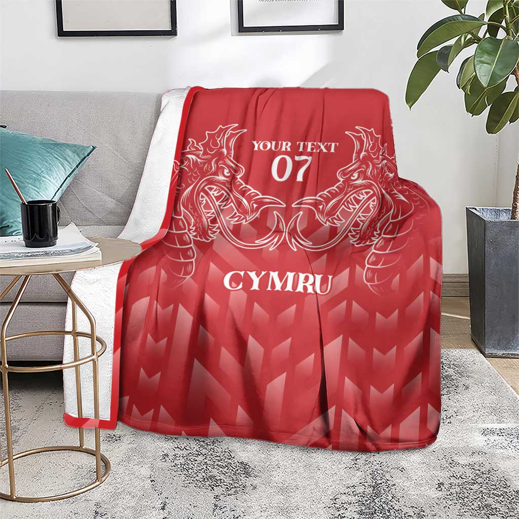 Red personalized rugby blanket with white dragon crest and 'YOUR TEXT 07' and 'CYMRU'