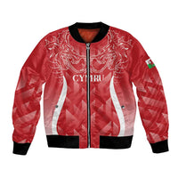 Red bomber jacket with white stripe panels, dragon crest graphic, black rib cuffs and zipper