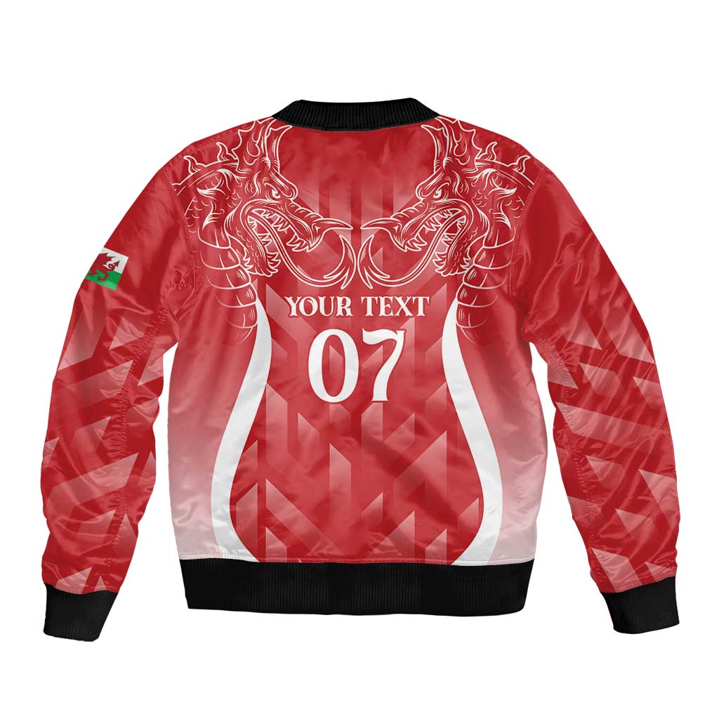 Red bomber jacket back print with dragon graphic, YOUR TEXT 07, black rib hem and cuffs