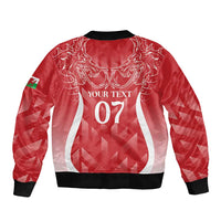 Red bomber jacket back print with dragon graphic, YOUR TEXT 07, black rib hem and cuffs
