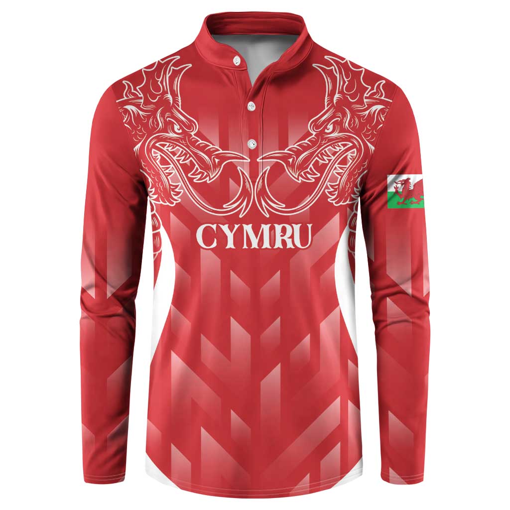Red long-sleeve rugby button sweatshirt with white dragon crest graphic