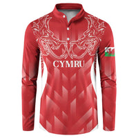 Red long-sleeve rugby button sweatshirt with white dragon crest graphic