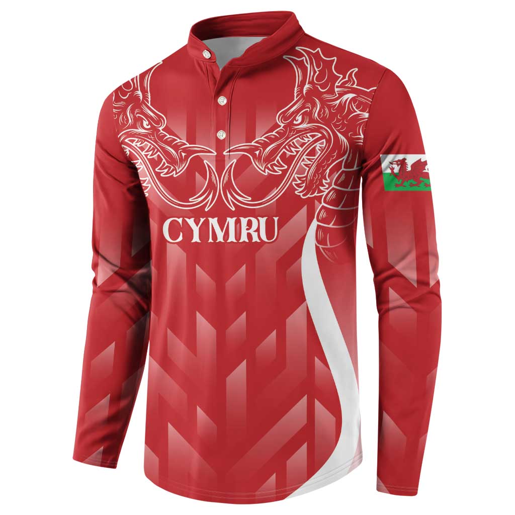 Red long-sleeve rugby button sweatshirt with white dragon crest and CYMRU text