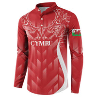 Red long-sleeve rugby button sweatshirt with white dragon crest and CYMRU text