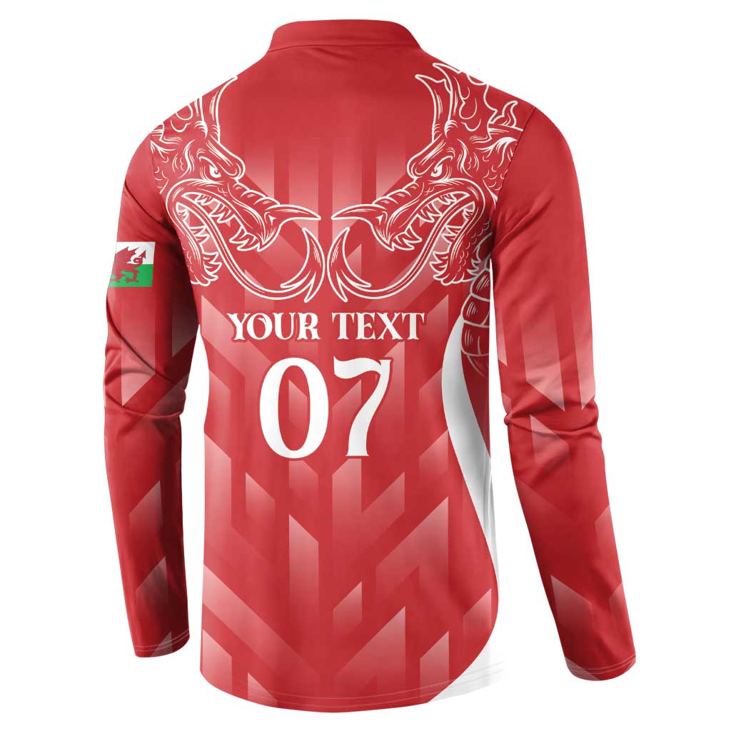 Red long-sleeve rugby button sweatshirt with back dragon graphic and YOUR TEXT 07