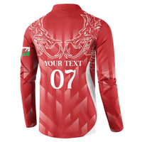 Red long-sleeve rugby button sweatshirt with back dragon graphic and YOUR TEXT 07