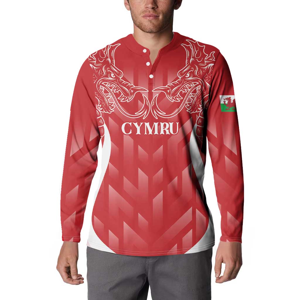 Red long-sleeve rugby button sweatshirt with white dragon crest and CYMRU chest print