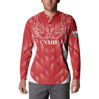 Red long-sleeve rugby button sweatshirt with white dragon crest and CYMRU chest print