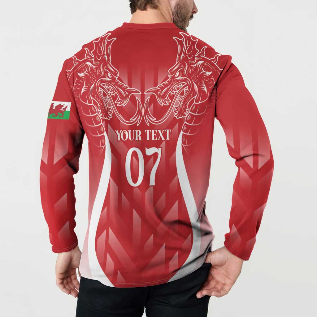 Red long-sleeve rugby button sweatshirt with back dragon graphic and YOUR TEXT 07