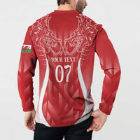 Red long-sleeve rugby button sweatshirt with back dragon graphic and YOUR TEXT 07