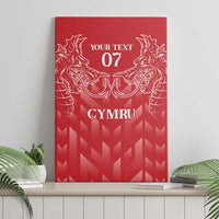Red canvas wall art standing on shelf, featuring dragon crest, “YOUR TEXT 07” and “CYMRU”.