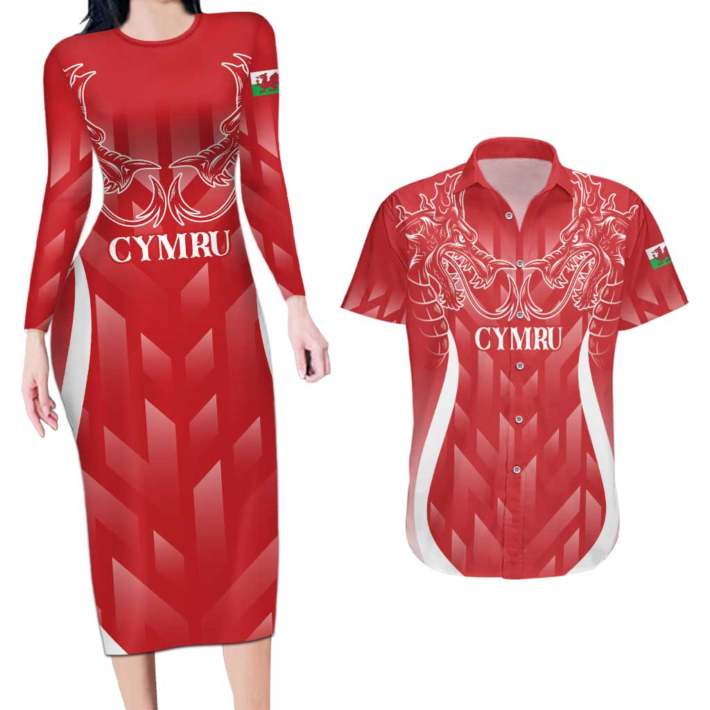 Wales Rugby Personalised Couples Matching Long Sleeve Bodycon Dress and Hawaiian Shirt Heraldic Dragon Basic Red