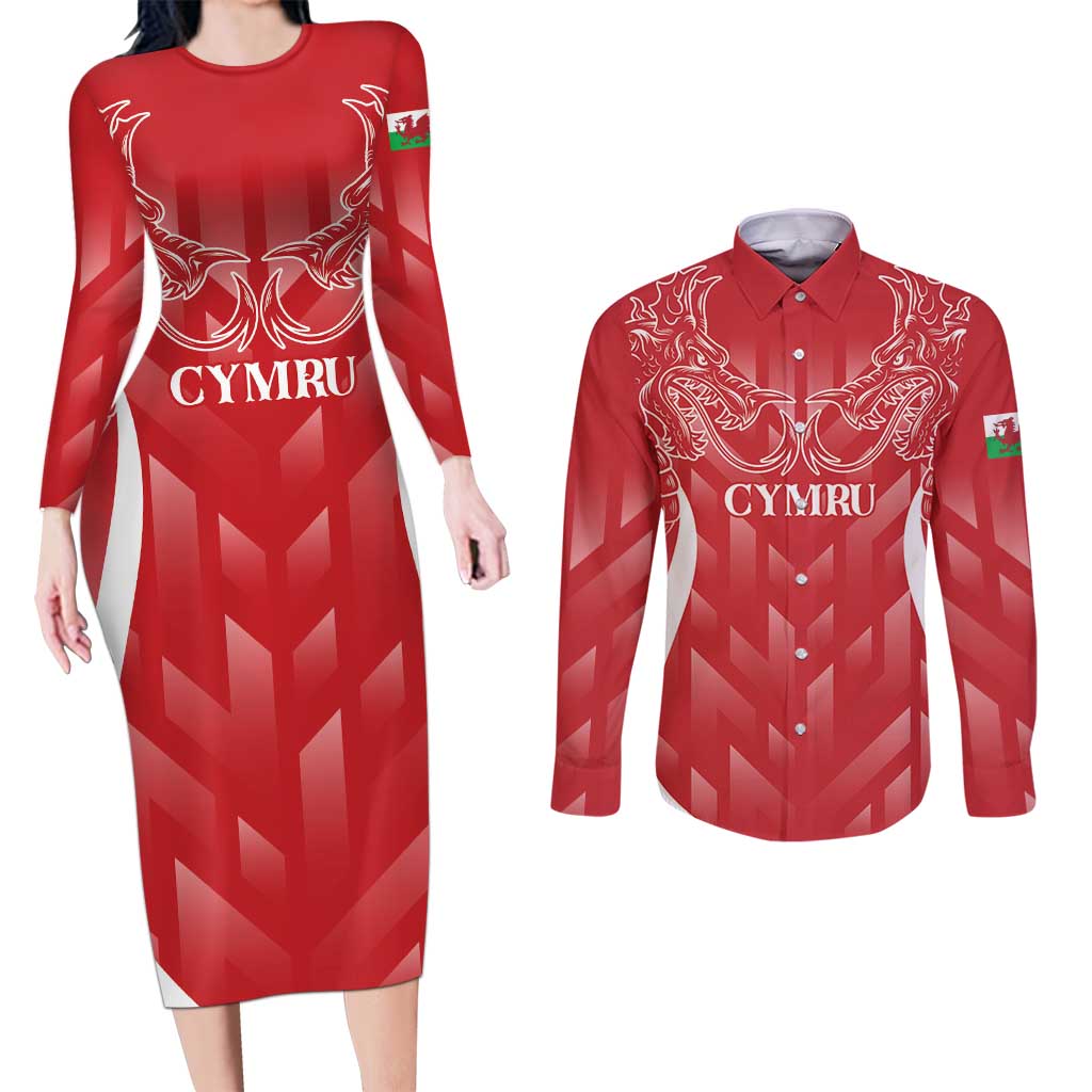 Wales Rugby Personalised Couples Matching Long Sleeve Bodycon Dress and Long Sleeve Button Shirt Heraldic Dragon Basic Red