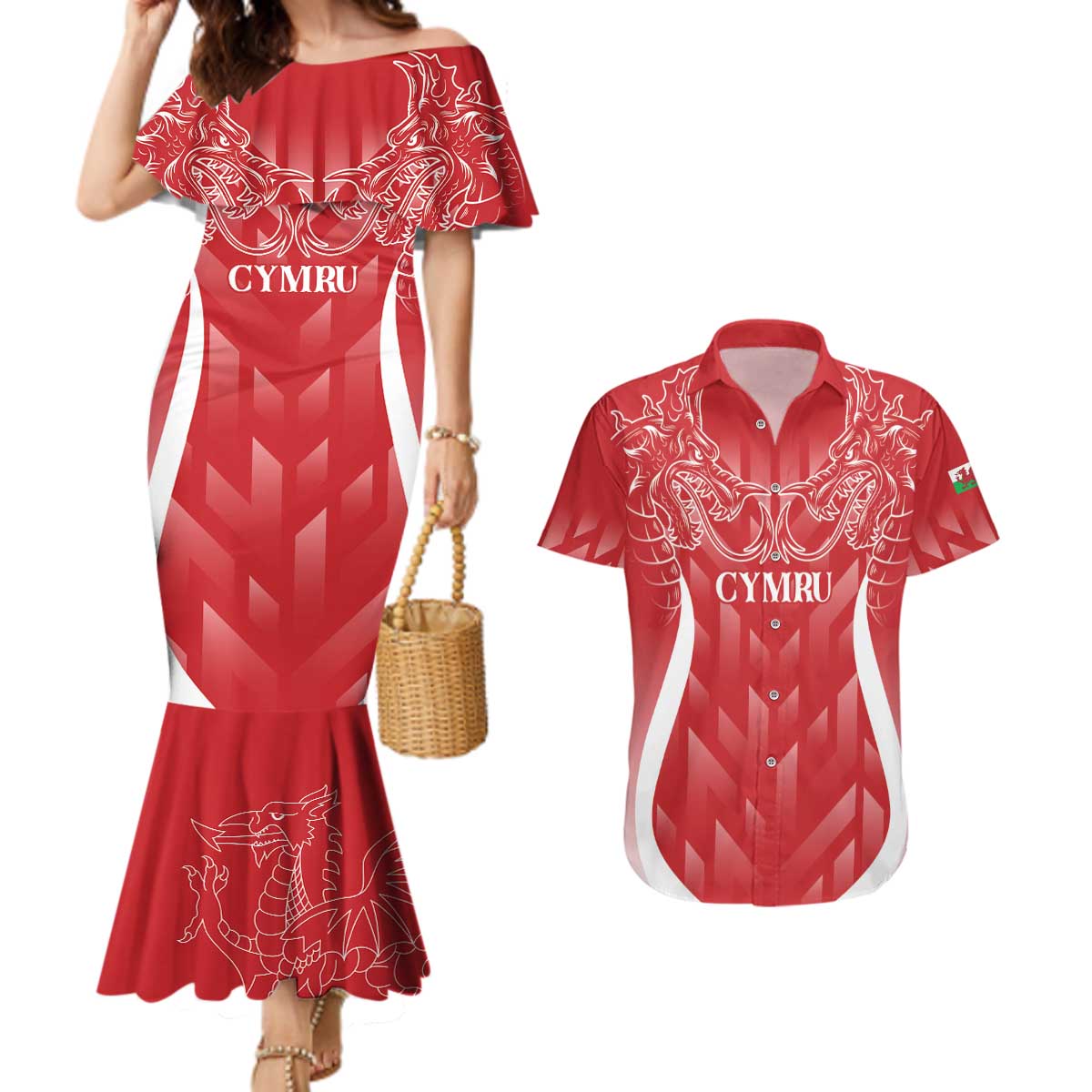 Wales Rugby Personalised Couples Matching Mermaid Dress and Hawaiian Shirt Heraldic Dragon Basic Red